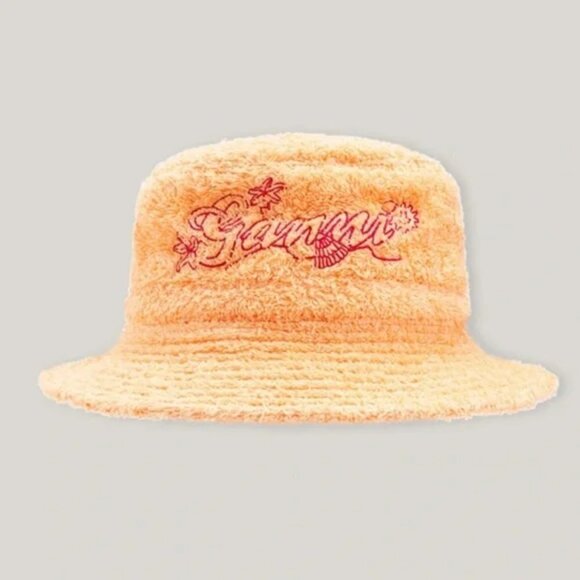 New GANNI Logo Embroidered Terrycloth Bucket Beach Hat Peach Fuzz NWT Size XS/S main image 4